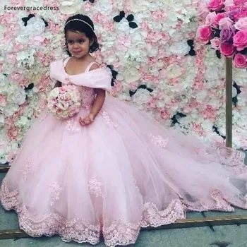 Розовые платья принцессы в цветочек для девочек, свадебные платья с открытыми плечами, Кружевное детское праздничное платье для маленьких девочек