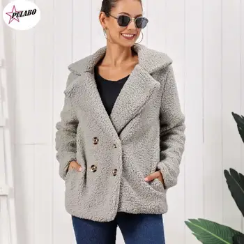 Осенне-зимняя двубортная женская куртка, Меховое пальто с отложным воротником, Свободное плюшевое пальто, Женская плюшевая куртка из овчины
