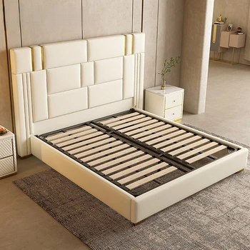 Роскошная мебель, Кожаная кровать, Двуспальная кровать, современная легкая спальня, удобная итальянская кровать с мягкой спинкой из нержавеющей стали