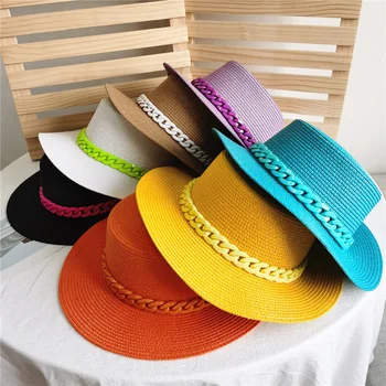Жаркие летние солнцезащитные шляпы, солнцезащитная кепка с большими полями, женская акриловая шляпа с плоским верхом ярких цветов, модная повседневная соломенная шляпа оптом