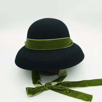Женская однотонная зимняя шапка с лентой на шнуровке, Женская шляпа-клош, Котелок с широкими Полями, Церковное Свадебное платье, Праздничная шляпа-Чародей